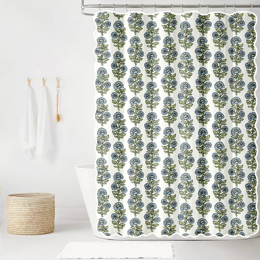 Kathryn in Rain and Eloise Scalloped Edge Shower Curtain