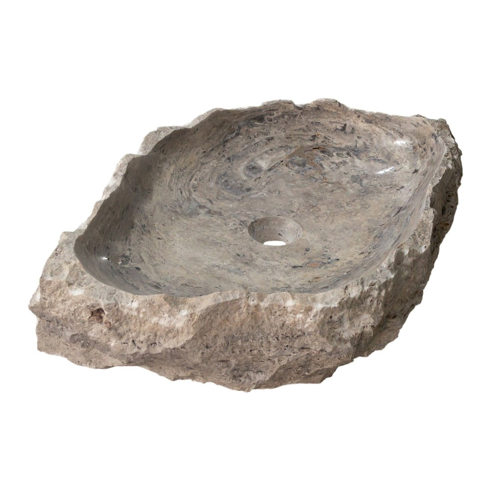 Silver Travertine Rustic Natural Stone Vessel Sink Polished Interior Hand Chiseled Exterior (W)16" (L)26" (H)5"