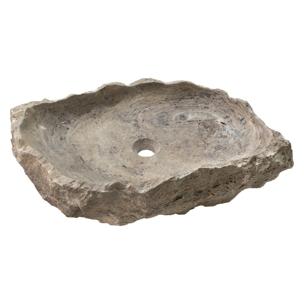 Silver Travertine Rustic Natural Stone Vessel Sink Polished Interior Hand Chiseled Exterior (W)16" (L)26" (H)5"