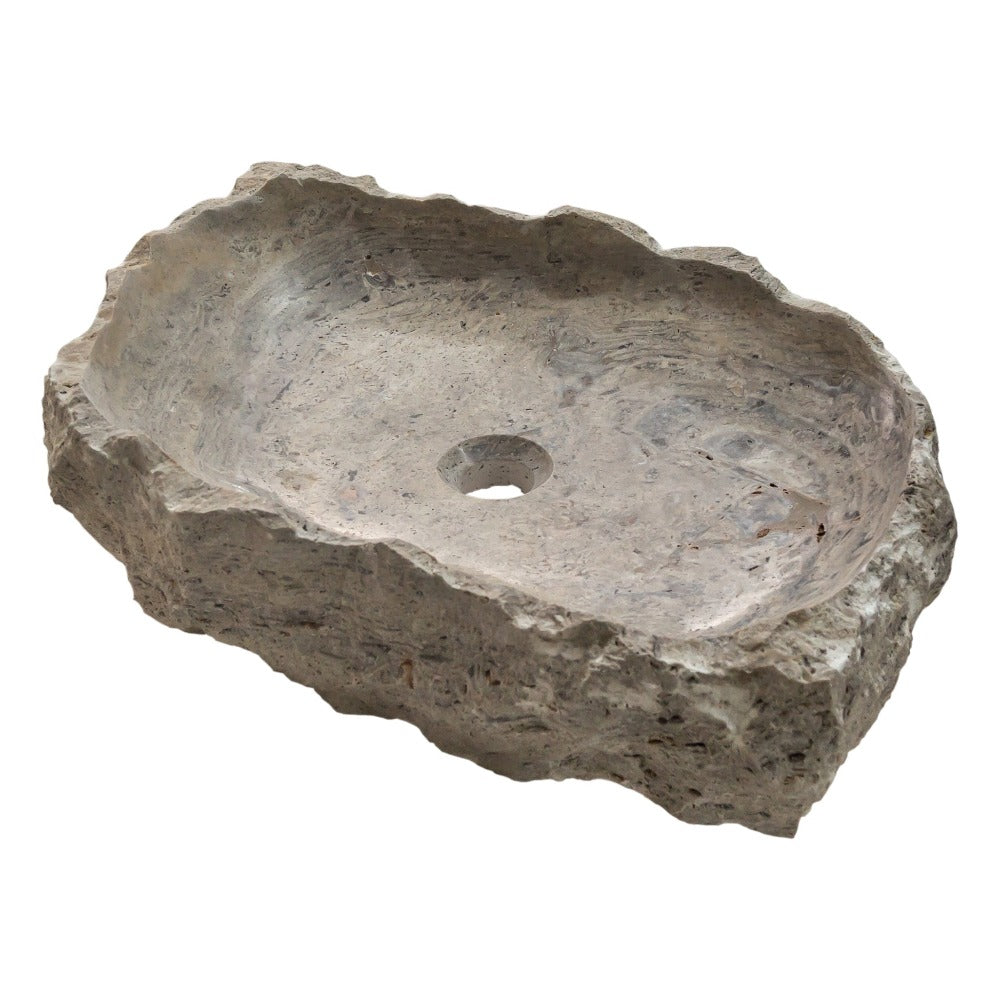 Silver Travertine Rustic Natural Stone Vessel Sink Polished Interior Hand Chiseled Exterior (W)16" (L)26" (H)5"