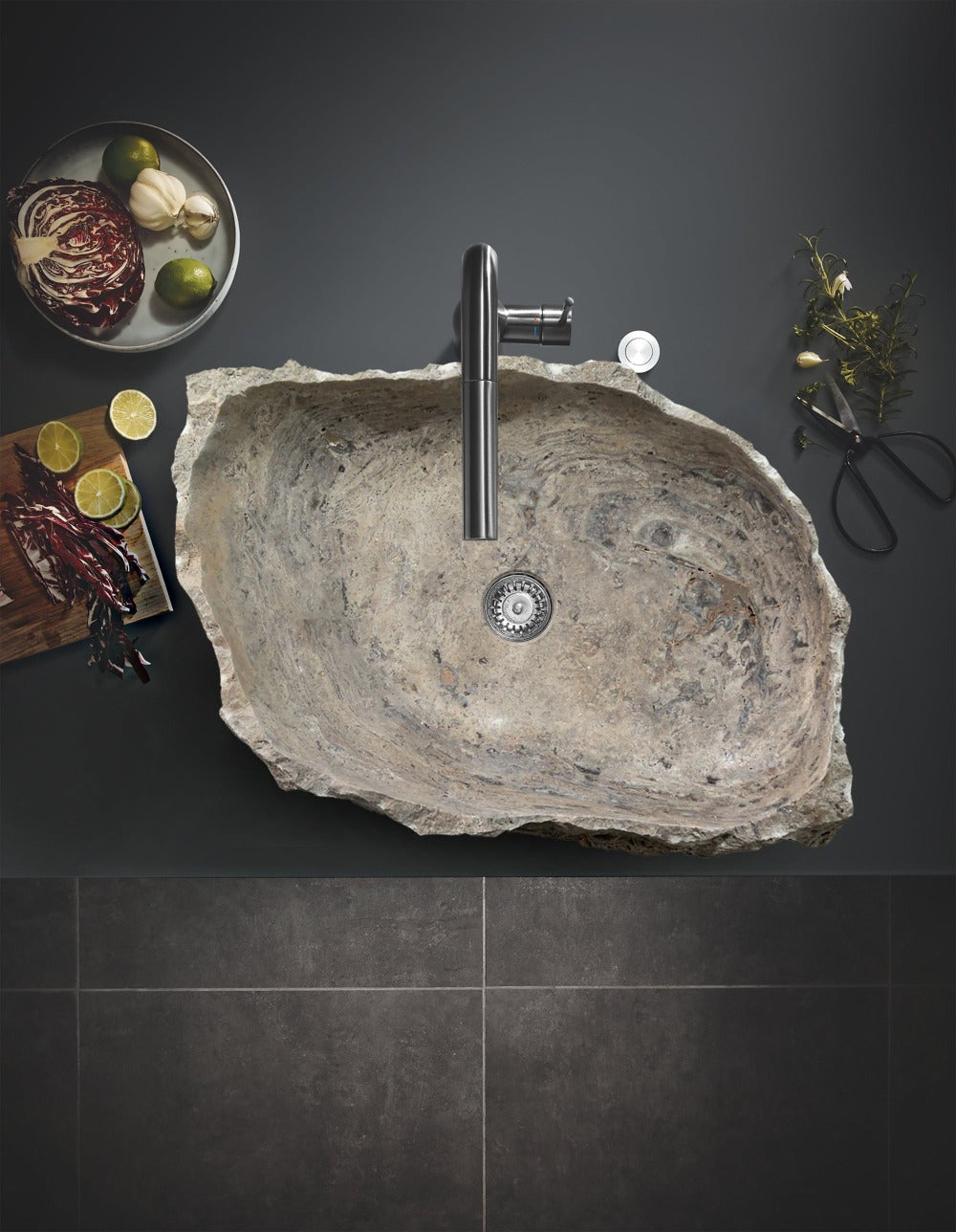 Silver Travertine Rustic Natural Stone Vessel Sink Polished Interior Hand Chiseled Exterior (W)16" (L)26" (H)5"