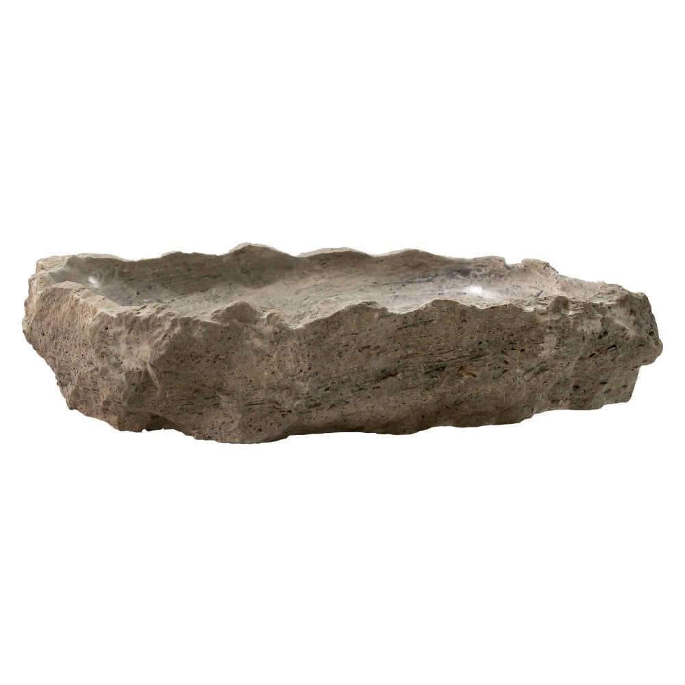 Silver Travertine Rustic Natural Stone Vessel Sink Polished Interior Hand Chiseled Exterior (W)16" (L)26" (H)5"