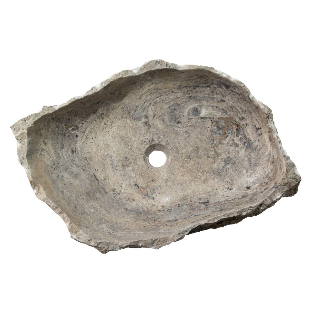 Silver Travertine Rustic Natural Stone Vessel Sink Polished Interior Hand Chiseled Exterior (W)16" (L)26" (H)5"