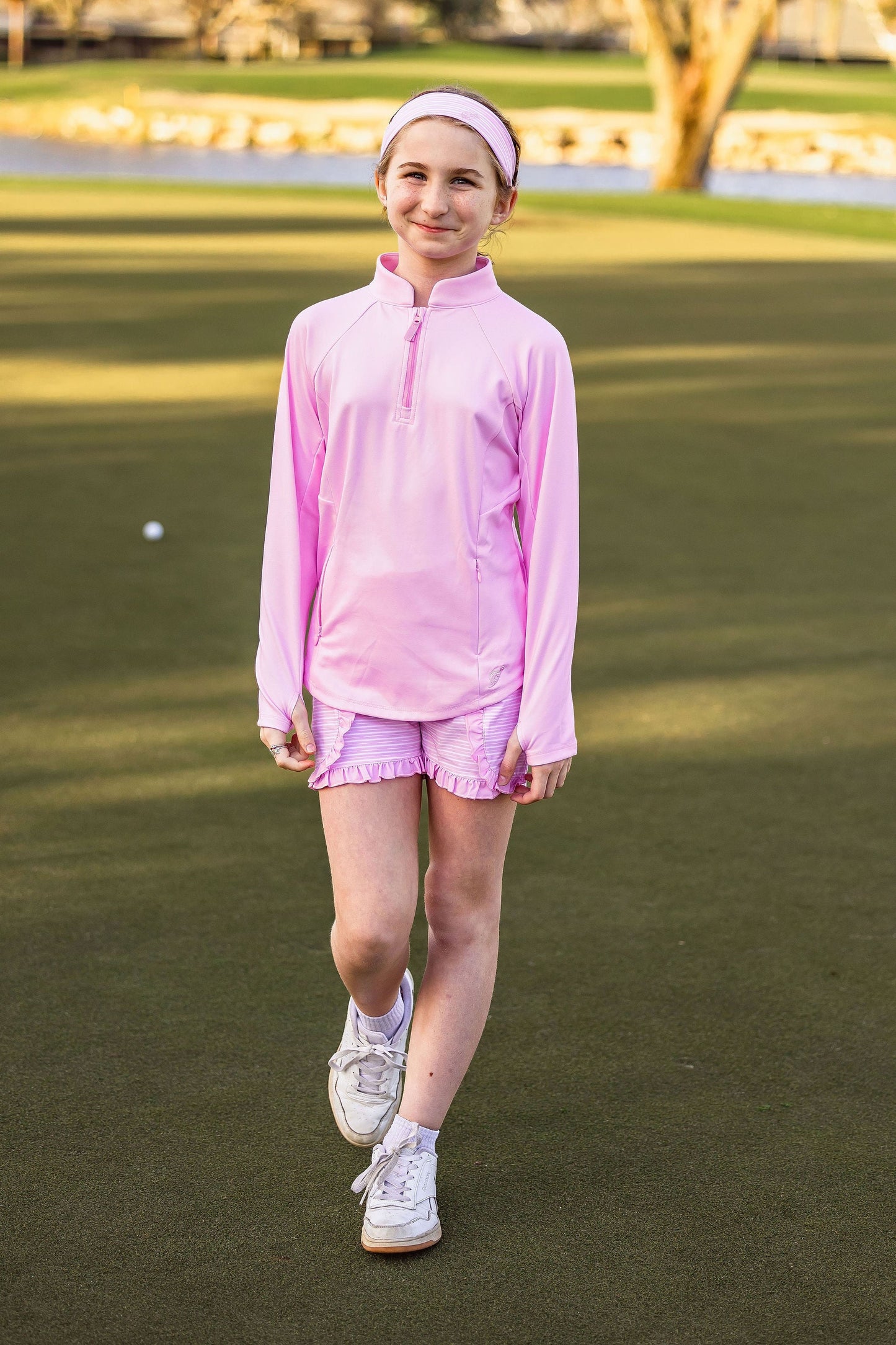 Girls Sutton Ruffle Trim Woven Golf & Tennis Shorts  -Sonoma Stripe Blush