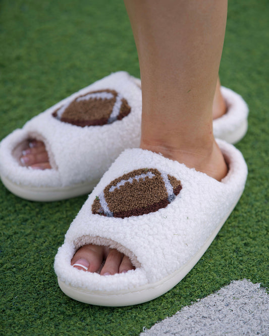 Ivory Cozy Plush Open Toe Football Slippers