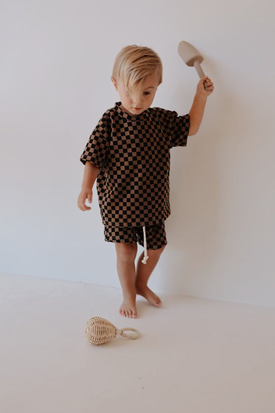 Black & Brown Checkerboard | Ribbed Short Set