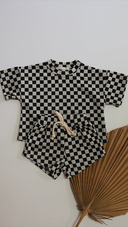 Children's Short Set | Black & Grey Checkerboard