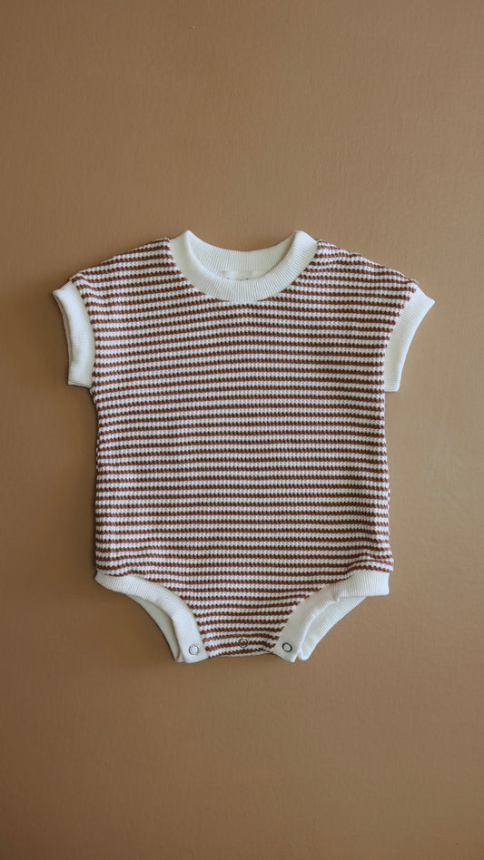 Waffle Short Sleeve Romper  | Coffee Stripe