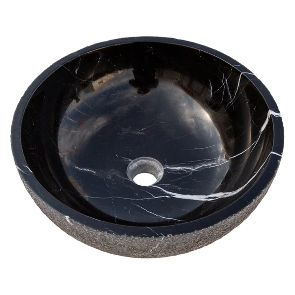 Toros Black Marble Vessel Sink Above-Counter Polished Interior Rough Exterior (D)16" (H)6"