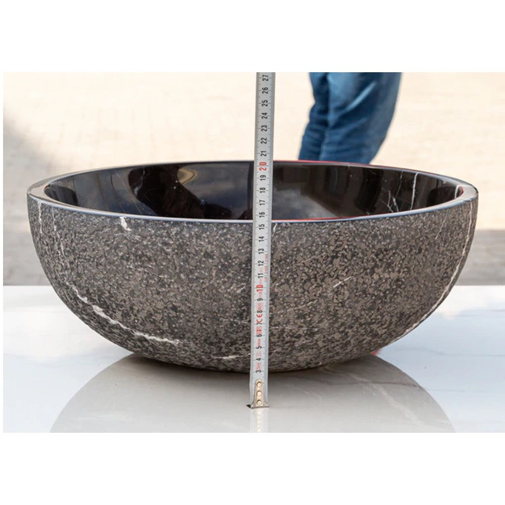 Toros Black Marble Vessel Sink Above-Counter Polished Interior Rough Exterior (D)16" (H)6"