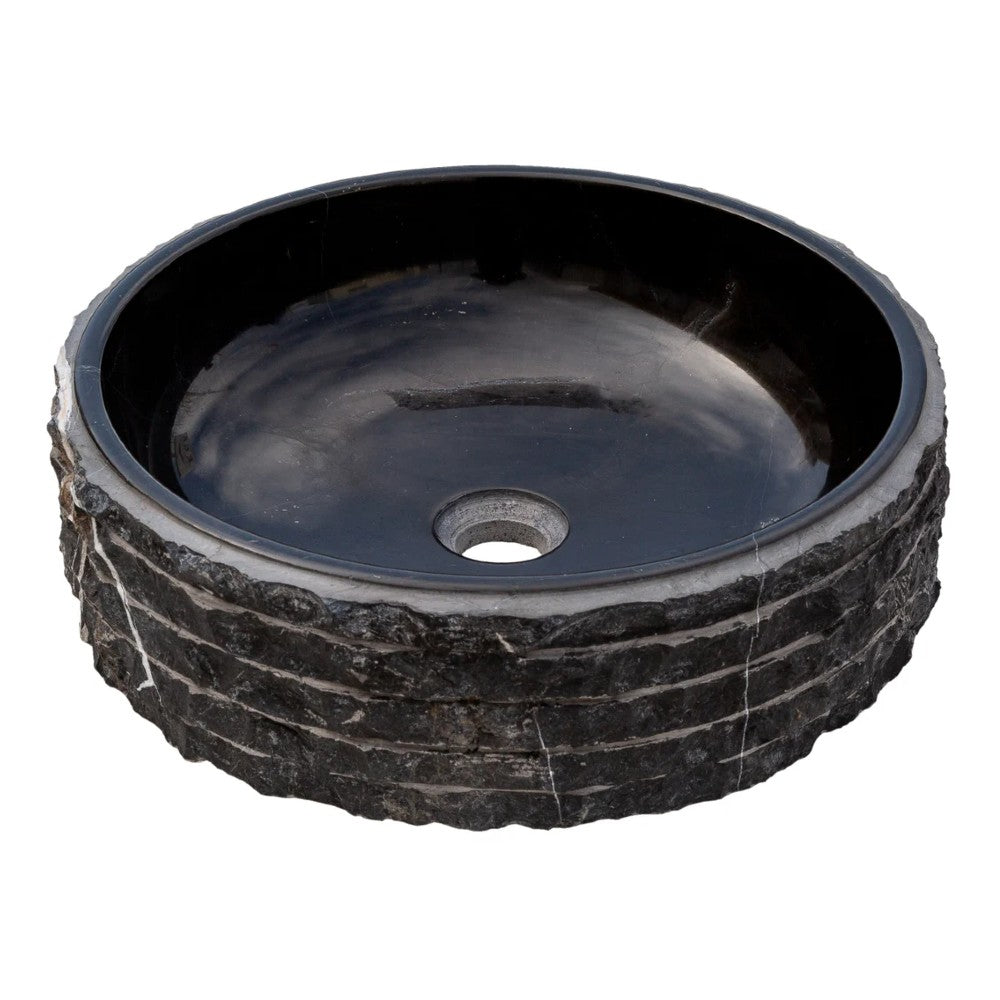 Toros Black Marble Vessel Bathroom Sink Bowl Polished Interior and Combed/Rough Exterior (D)16" (H)5"