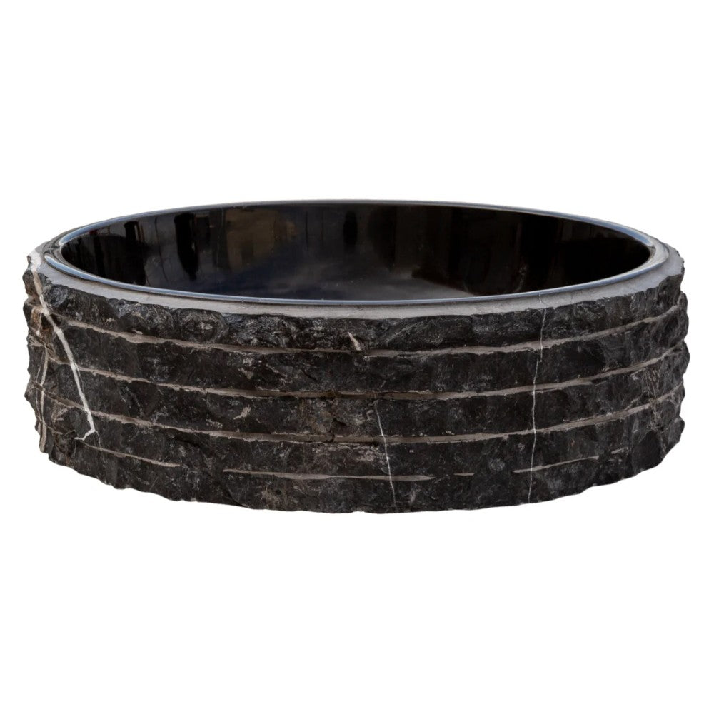 Toros Black Marble Vessel Bathroom Sink Bowl Polished Interior and Combed/Rough Exterior (D)16" (H)5"