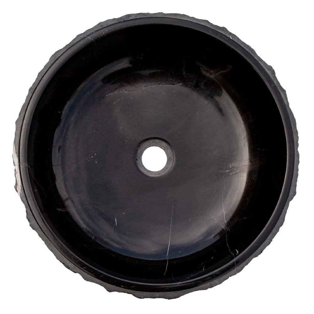 Toros Black Marble Vessel Bathroom Sink Bowl Polished Interior and Combed/Rough Exterior (D)16" (H)5"