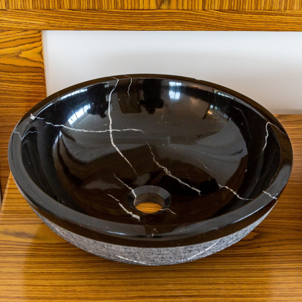 Natural Stone Toros Black Marble Vessel Sink Rough Exterior (D)16" (H)6"