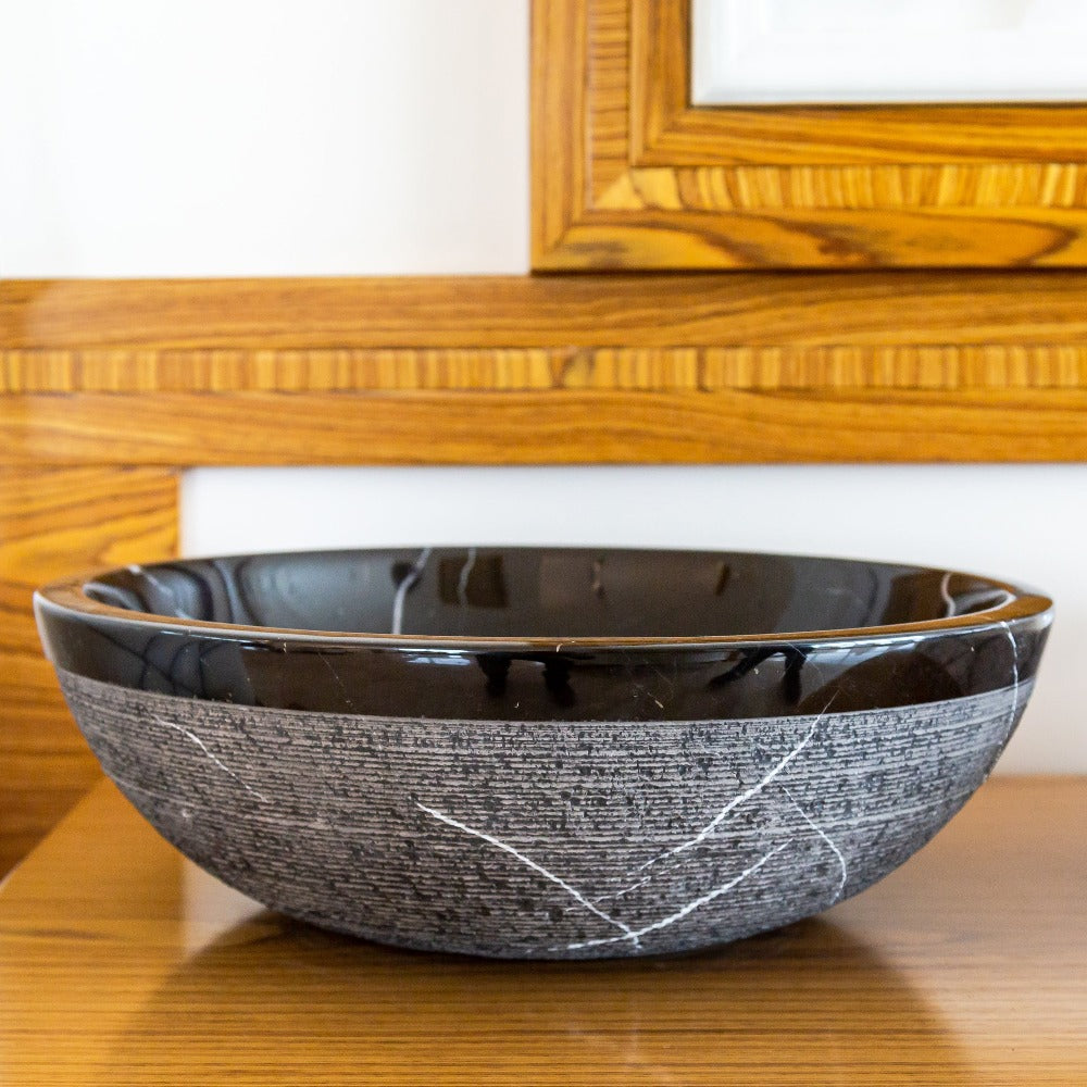 Natural Stone Toros Black Marble Vessel Sink Rough Exterior (D)16" (H)6"