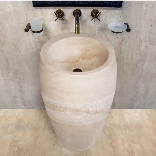 Troia Light Travertine Pedestal Stand-alone Sink Curved Honed (D)16" (H)33.5"