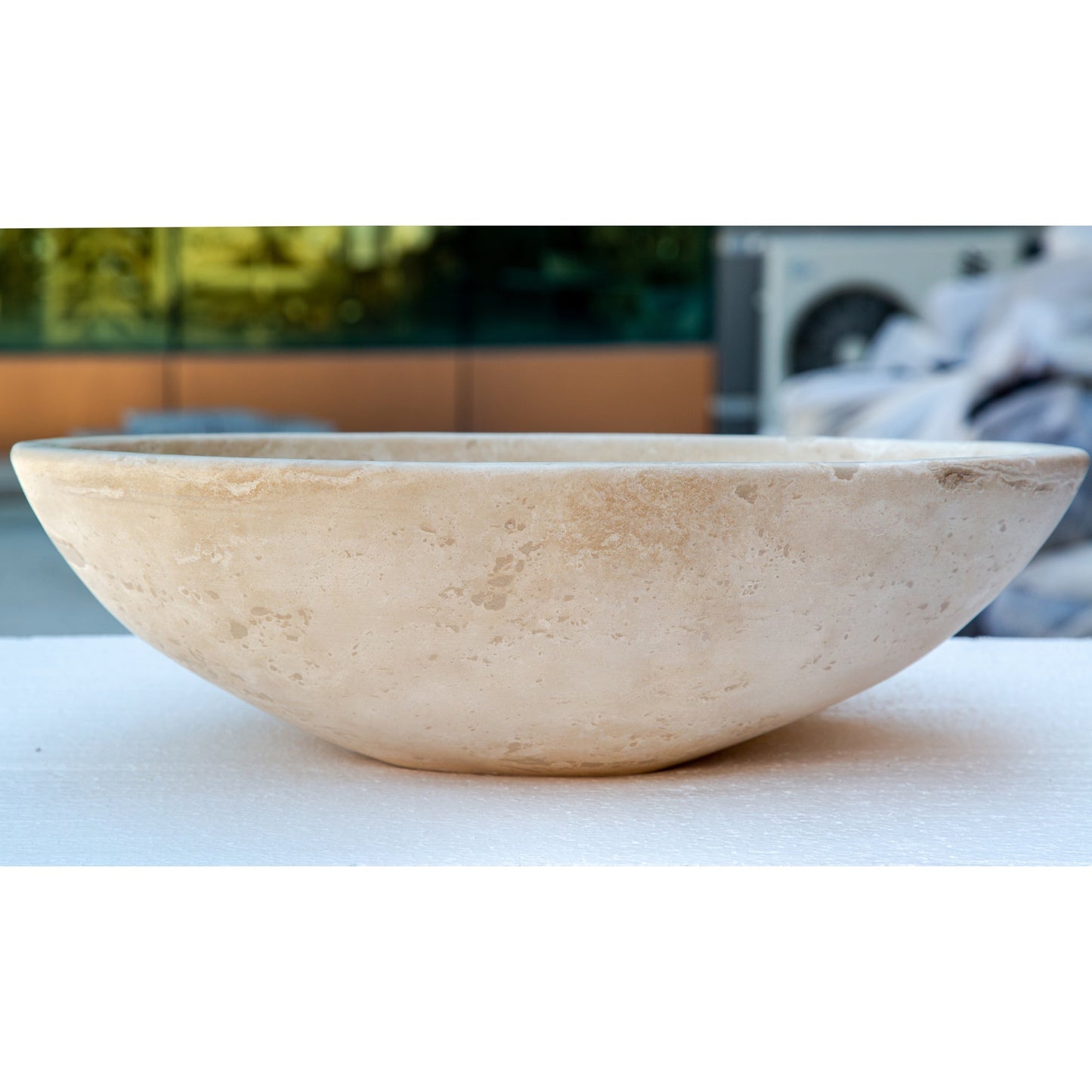 Troia Light Travertine Natural Stone Oval Vessel Sink (W)16" (L)21" (H)6"