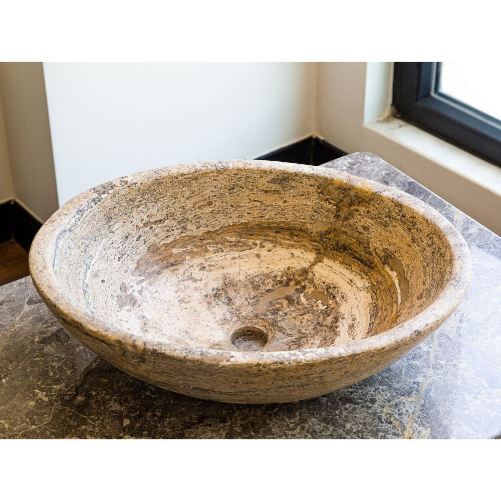 Valencia Travertine Natural Stone Oval Vessel Sink (W)16" (L)21" (H)6"