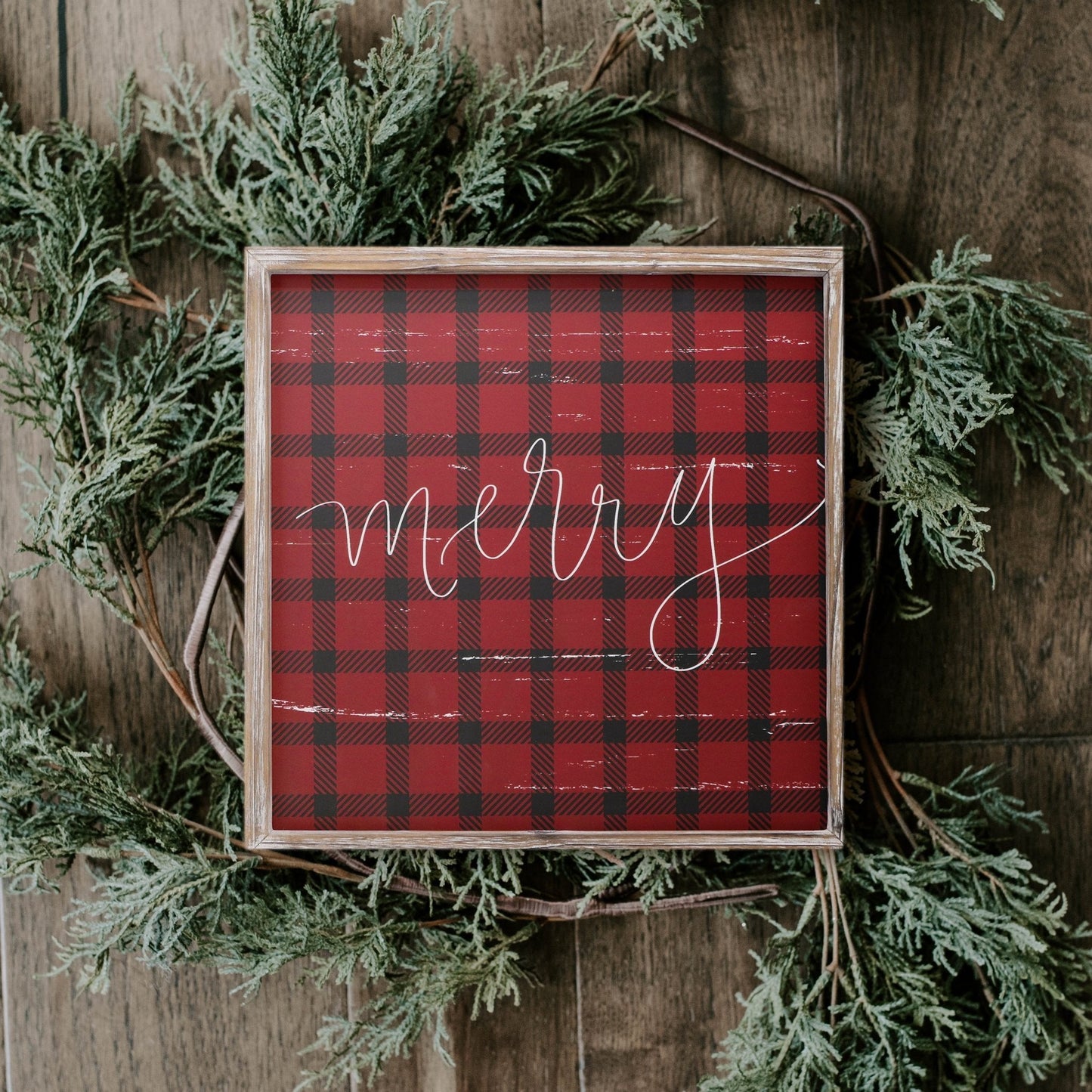 Merry Plaid Wood Sign 18x18"