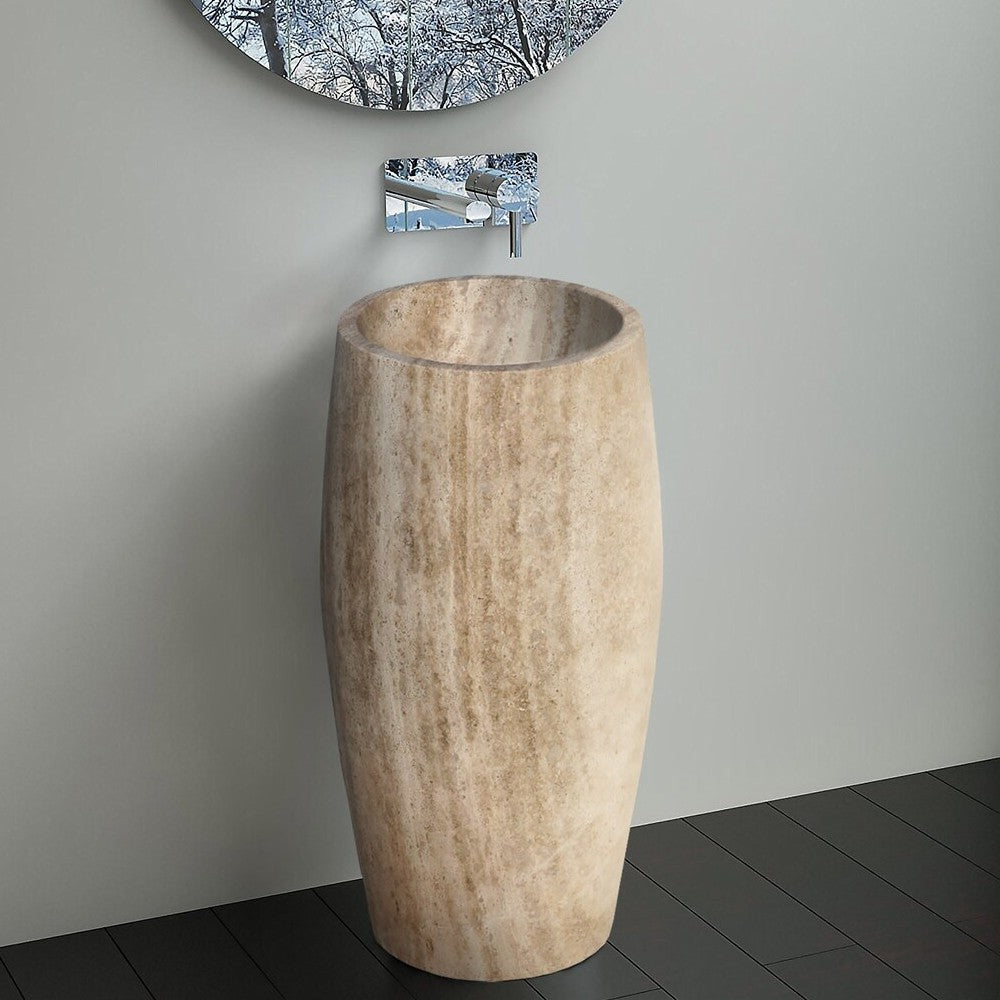 Walnut Travertine Pedestal Stand-alone Sink Curved Honed (D1)16" (D2)19.5" (H)33.5"