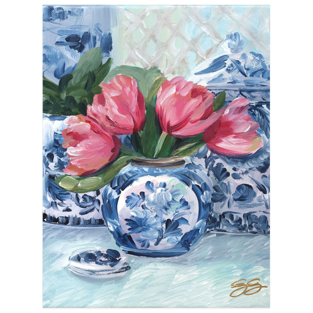 Pink Tulips, Blue Vase; a fine art print on paper