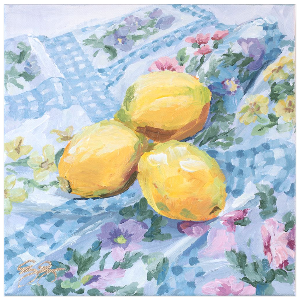 Lemons on floral fabric, a fine art print on paper