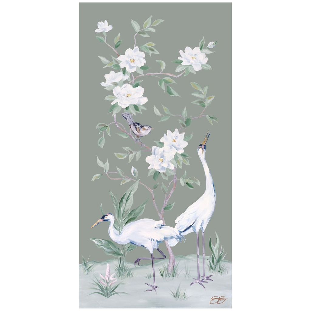 Cranes and Gardenias, a green chinoiserie fine art print