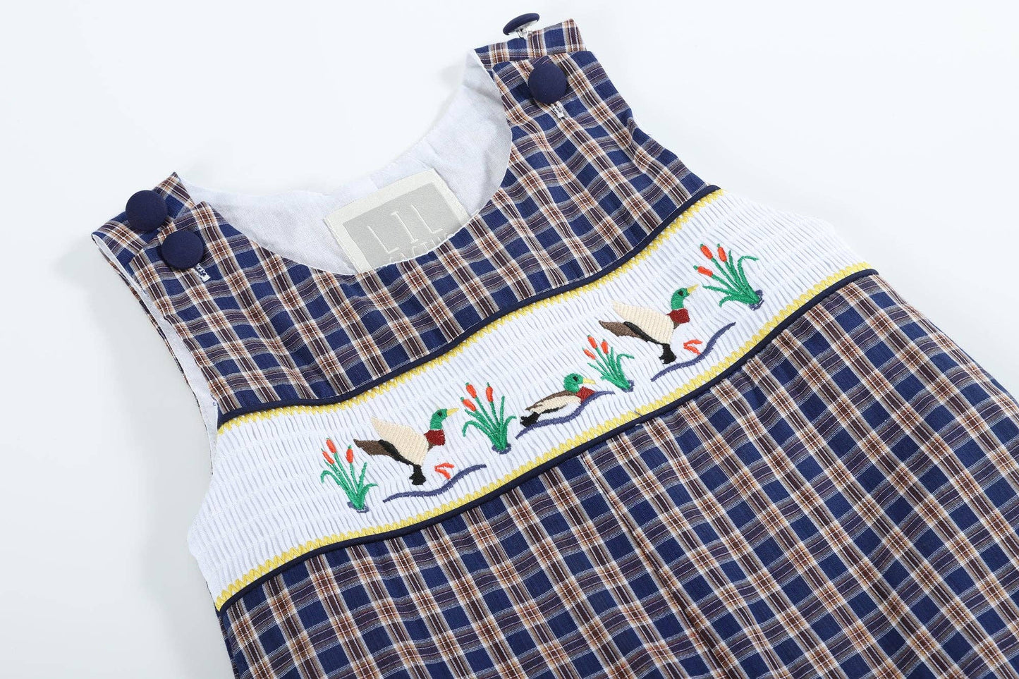 Lil Cactus - Blue Flannel Plaid Mallard Smocked Overalls