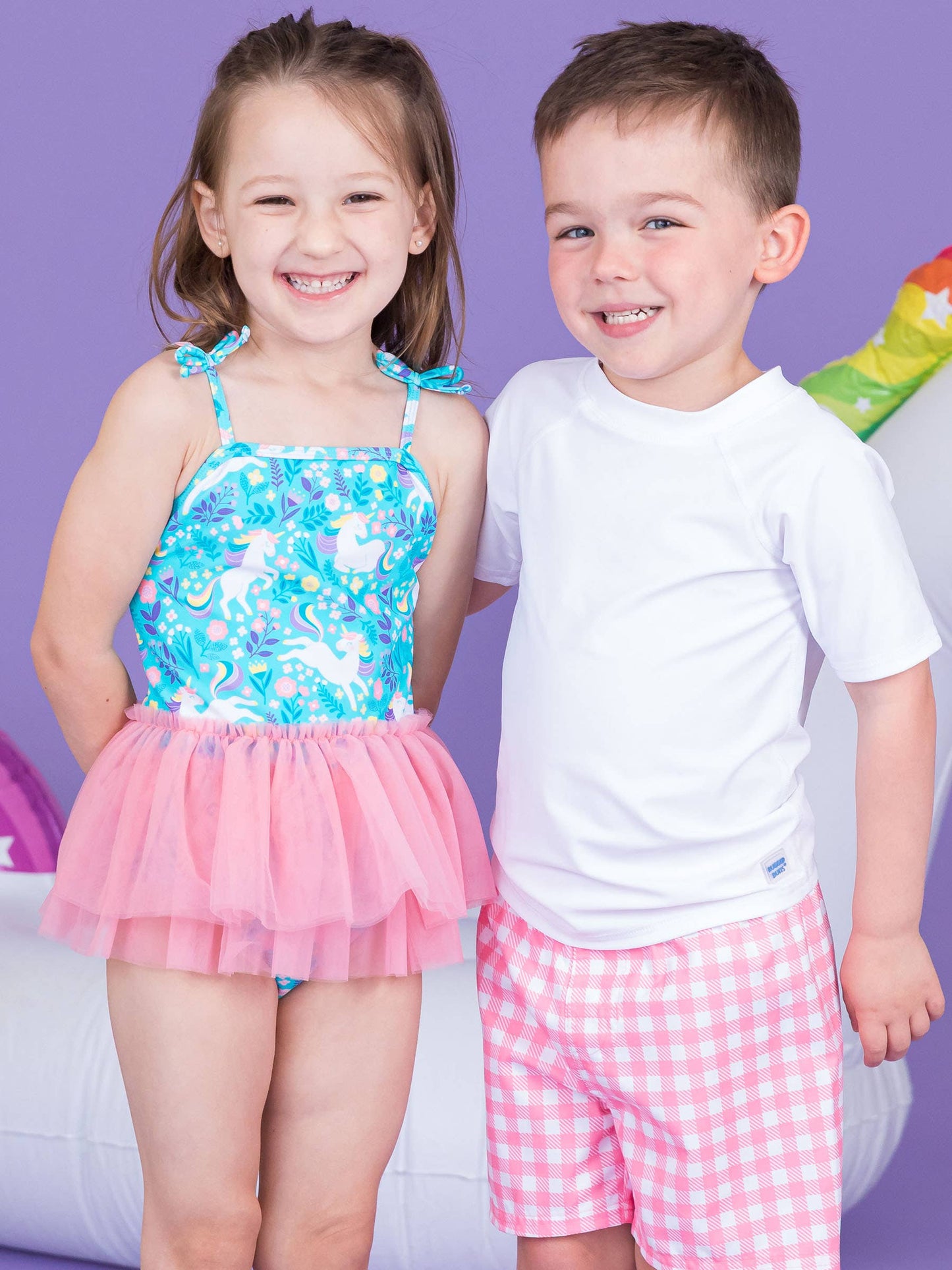 RuffleButts + RuggedButts - Boys Bubblegum Pink Gingham Swim Trunks