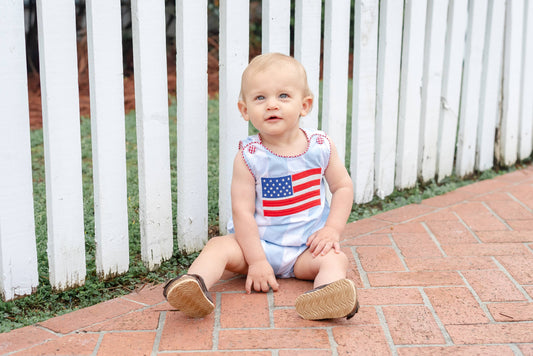 Lil Cactus - Light Blue Gingham American Flag Romper