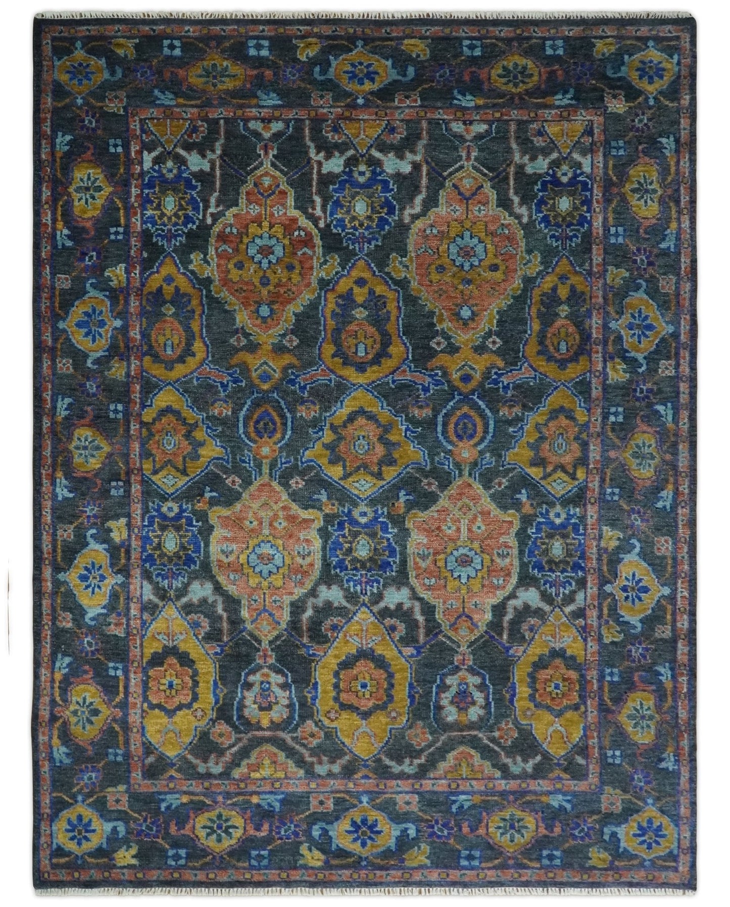 Custom Made Antique look Traditional Ikat Large Design Gray, Rust and Blue Hand knotted Oushak wool Area Rug