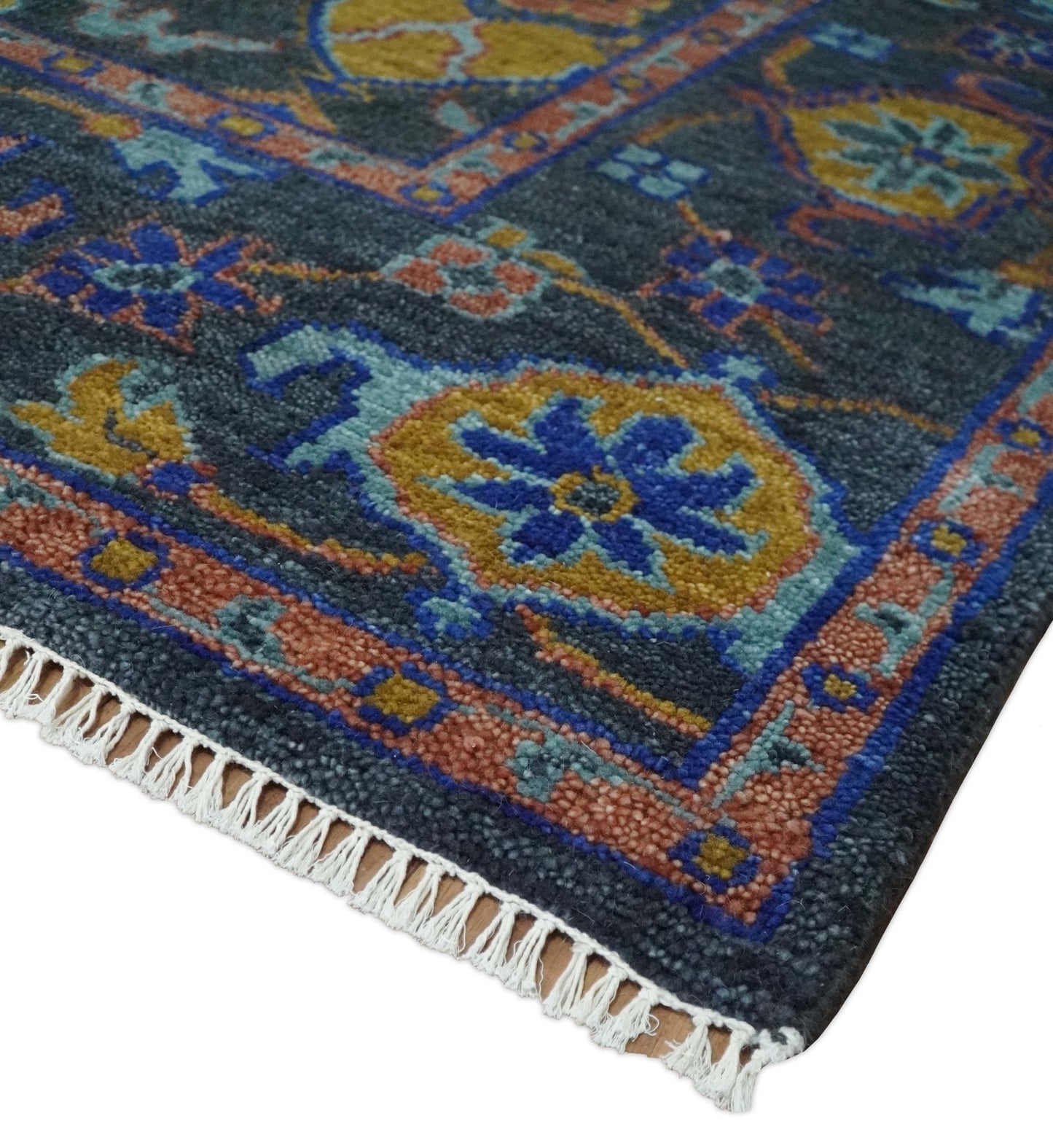 Custom Made Antique look Traditional Ikat Large Design Gray, Rust and Blue Hand knotted Oushak wool Area Rug