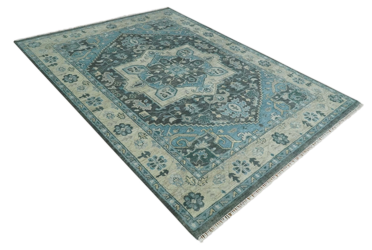 Antique look Hand Knotted Charcoal, Camel and Blue Traditional Heriz Serapi Multi size Wool Area Rug