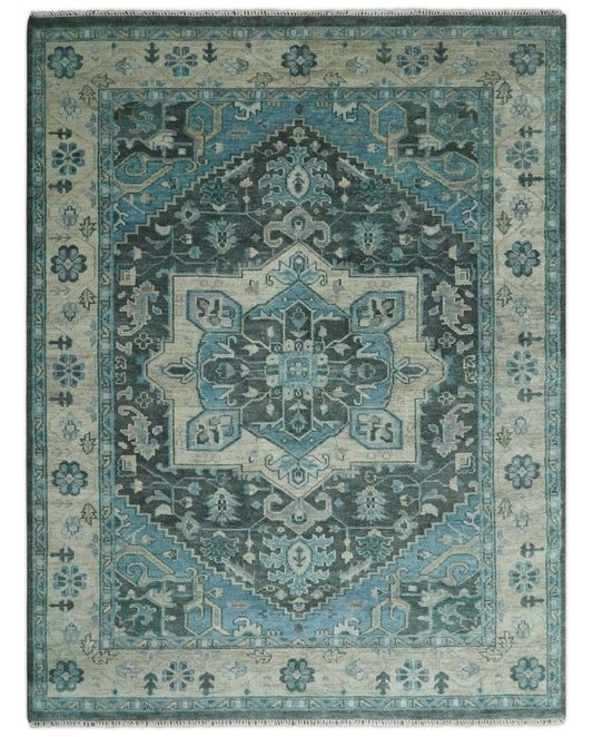 Antique look Hand Knotted Charcoal, Camel and Blue Traditional Heriz Serapi Multi size Wool Area Rug