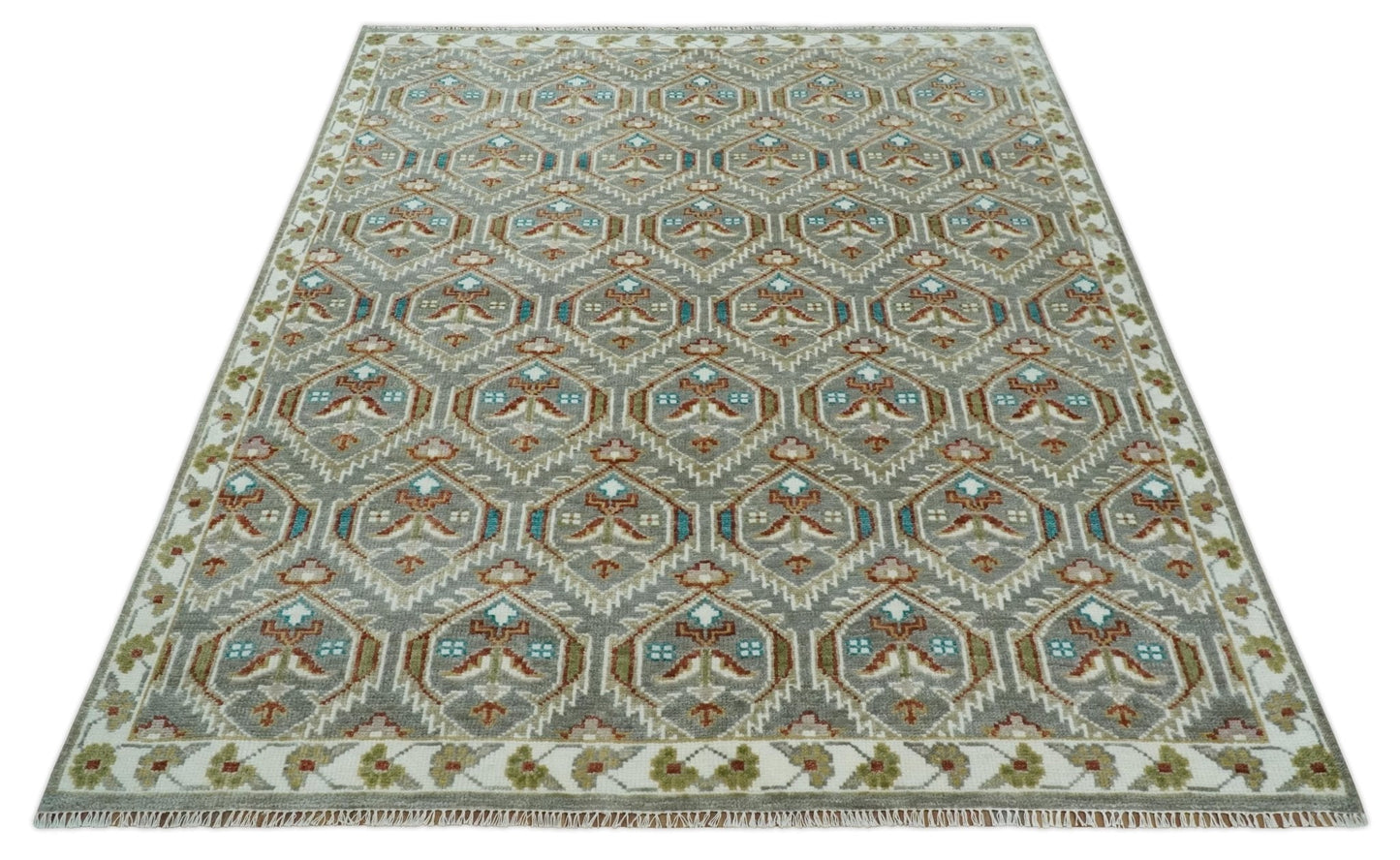 Antique look Traditional Hand Knotted Silver, Ivory and Rust Multi Size Area Rug