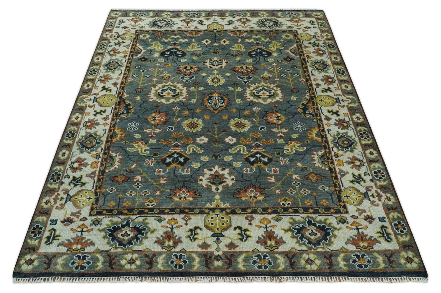 Antique 8x10 Gray and Ivory Traditional Persian Oushak Wool Rug | TRDCP1114810