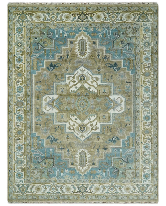 Antique Olive, Blue and Ivory Heriz Serapi Multi Size Wool Area Rug