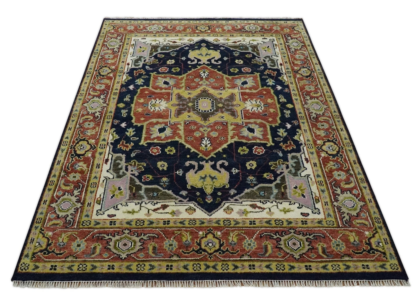 Blue and Rust Hand Knotted Traditional Vintage Style Heriz Serapi Multi Size Wool Area Rug