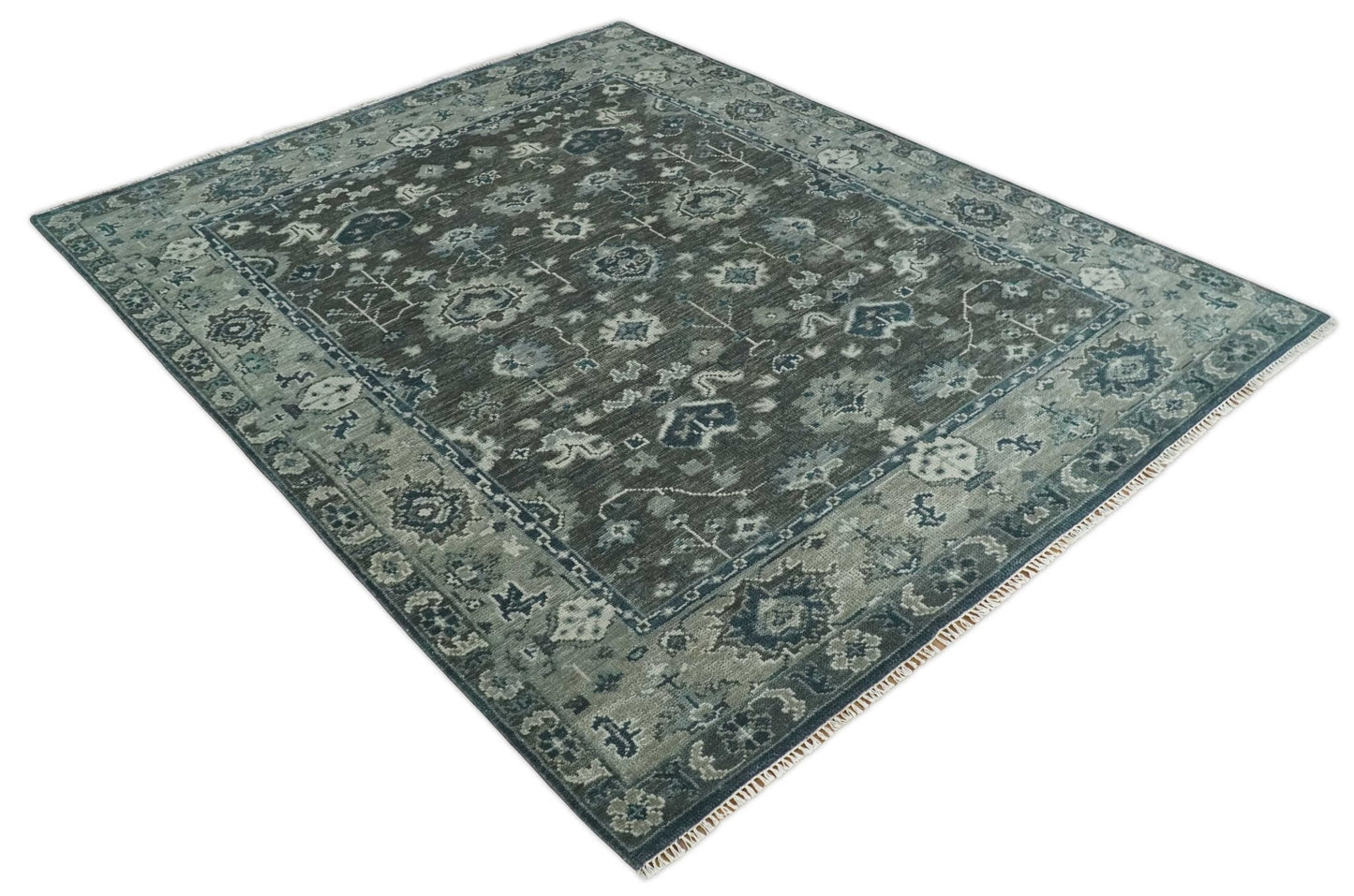 Antique Charcoal Hand Knotted Oushak Silver and Blue Traditional Wool Rug