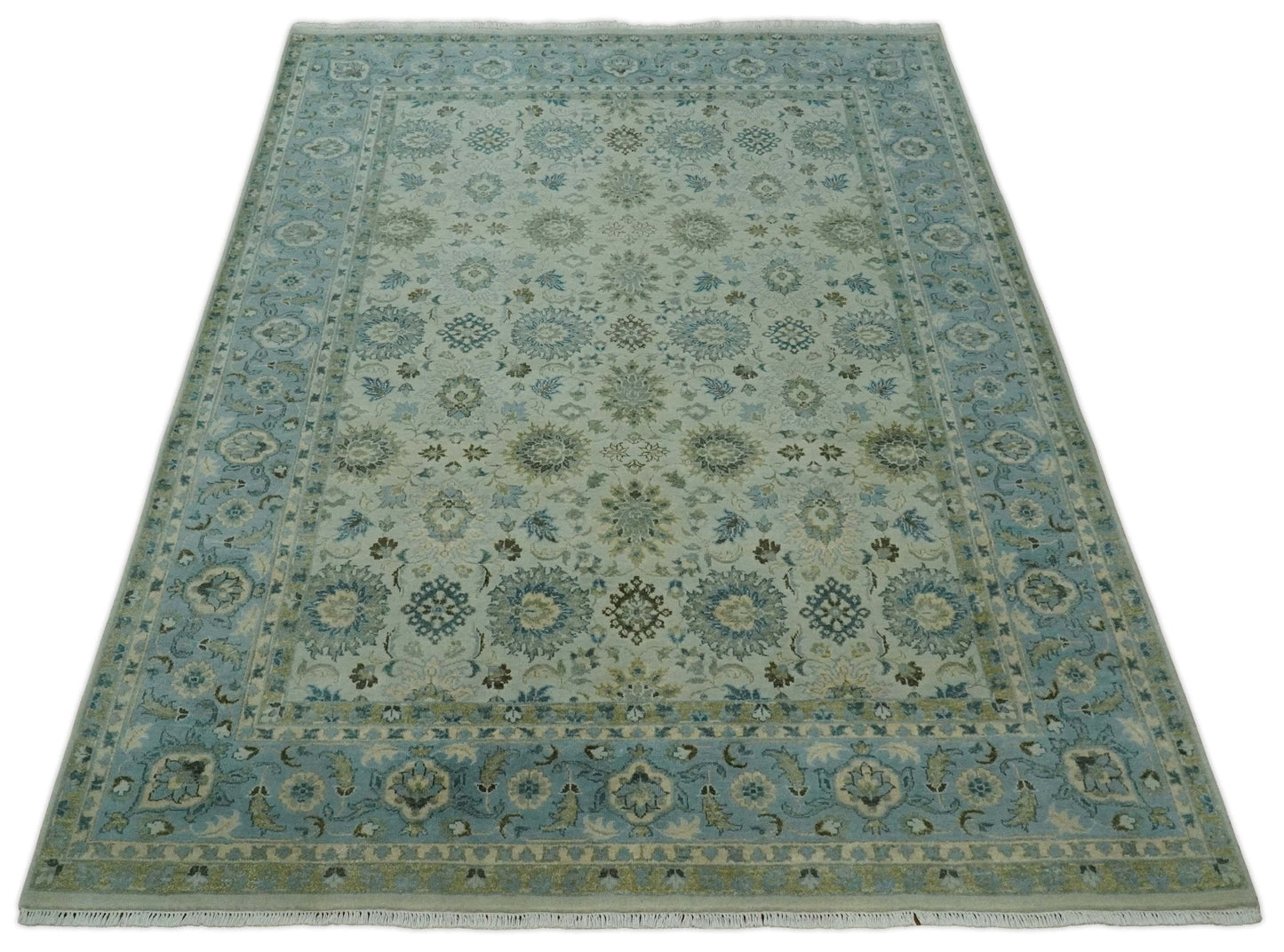 Antique Fine 8x10 Hand Knotted Beige and Blue Traditional Vintage Persian Wool Rug | TRDCP828810