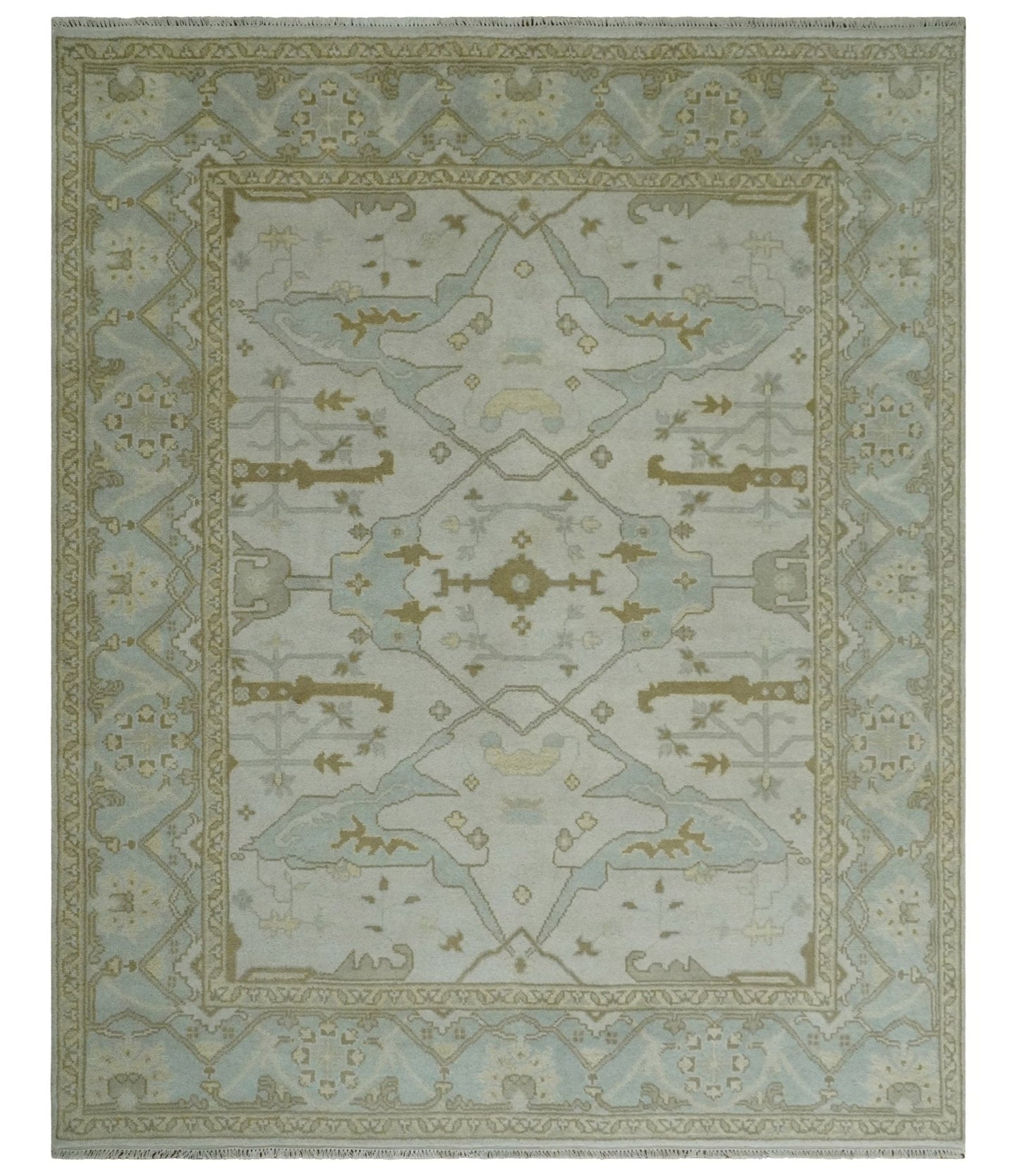 Antique Ivory, Silver and Beige Hand Knotted 8x10 Oriental Oushak Wool Area Rug, Living Room Rug | TRDCP1161810