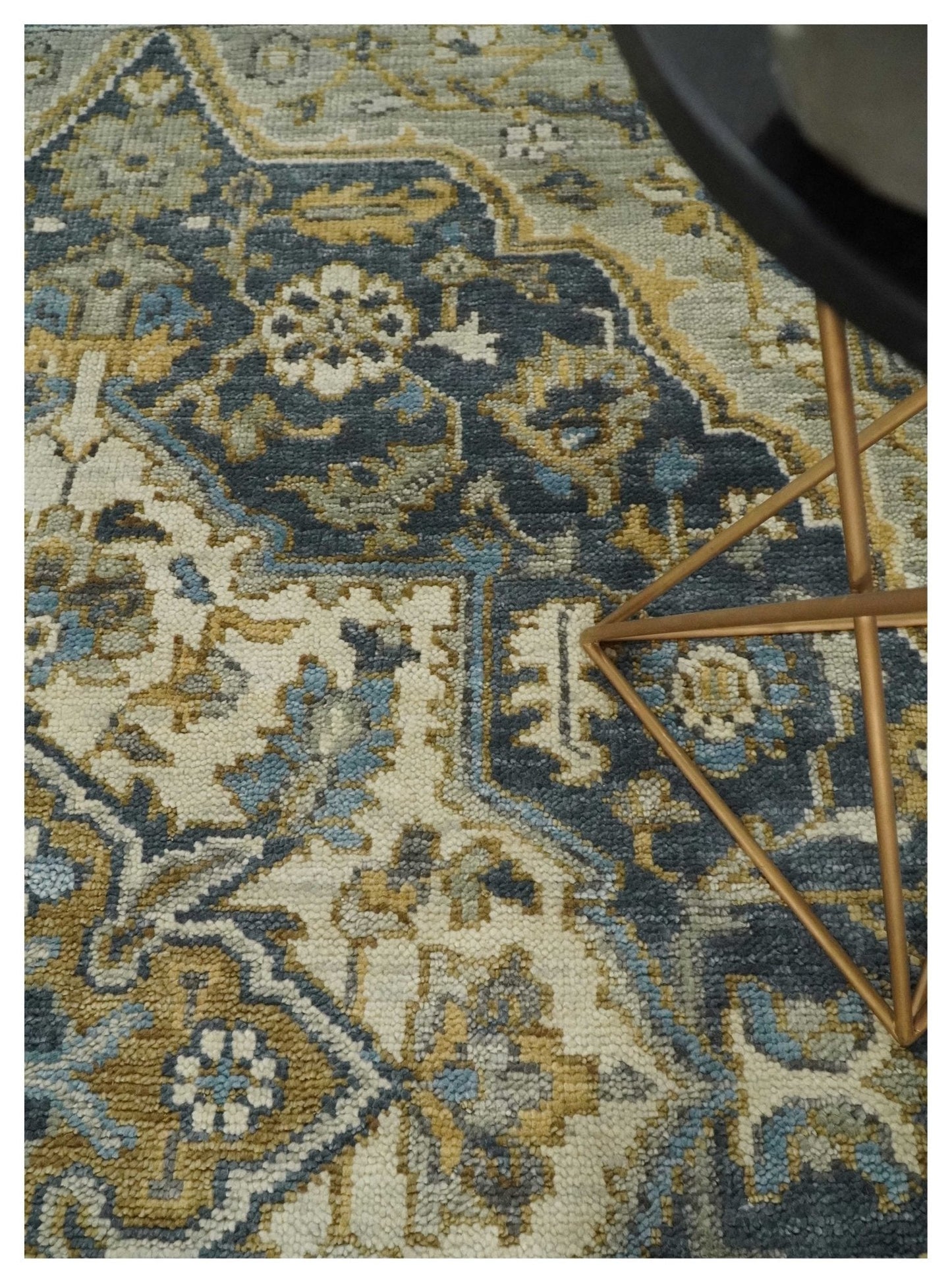 Antique Muted Traditional Heriz Serapi Medallion Blue ,Beige and Brown Hand knotted Custom made wool Area Rug