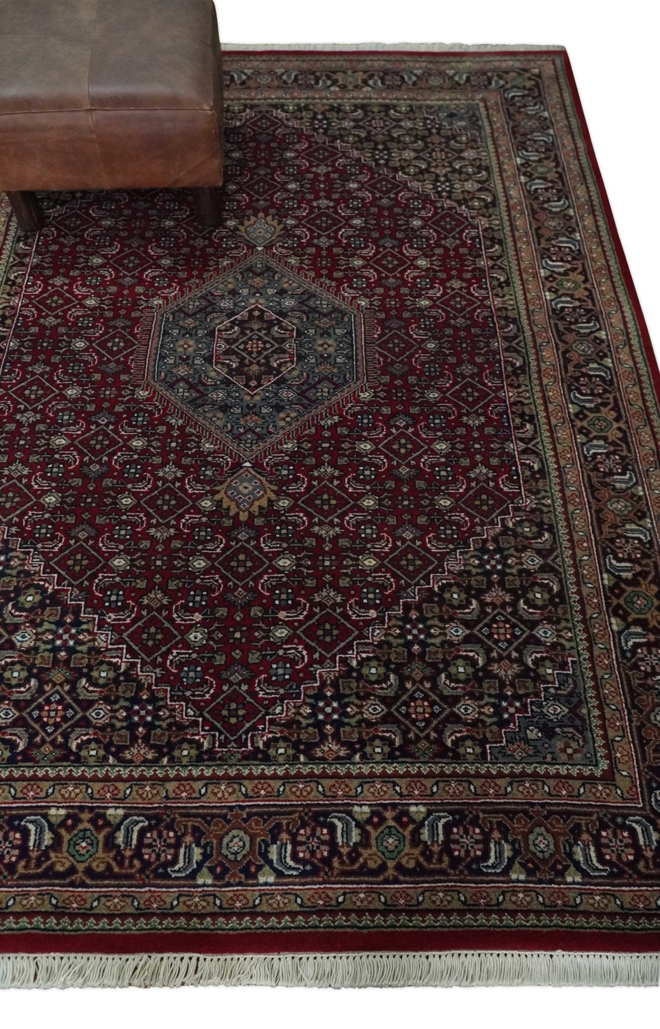 5x7 Antique Persian Hand Knotted Maroon, Black and Blue Traditional Medallion Wool Rug | KNT25