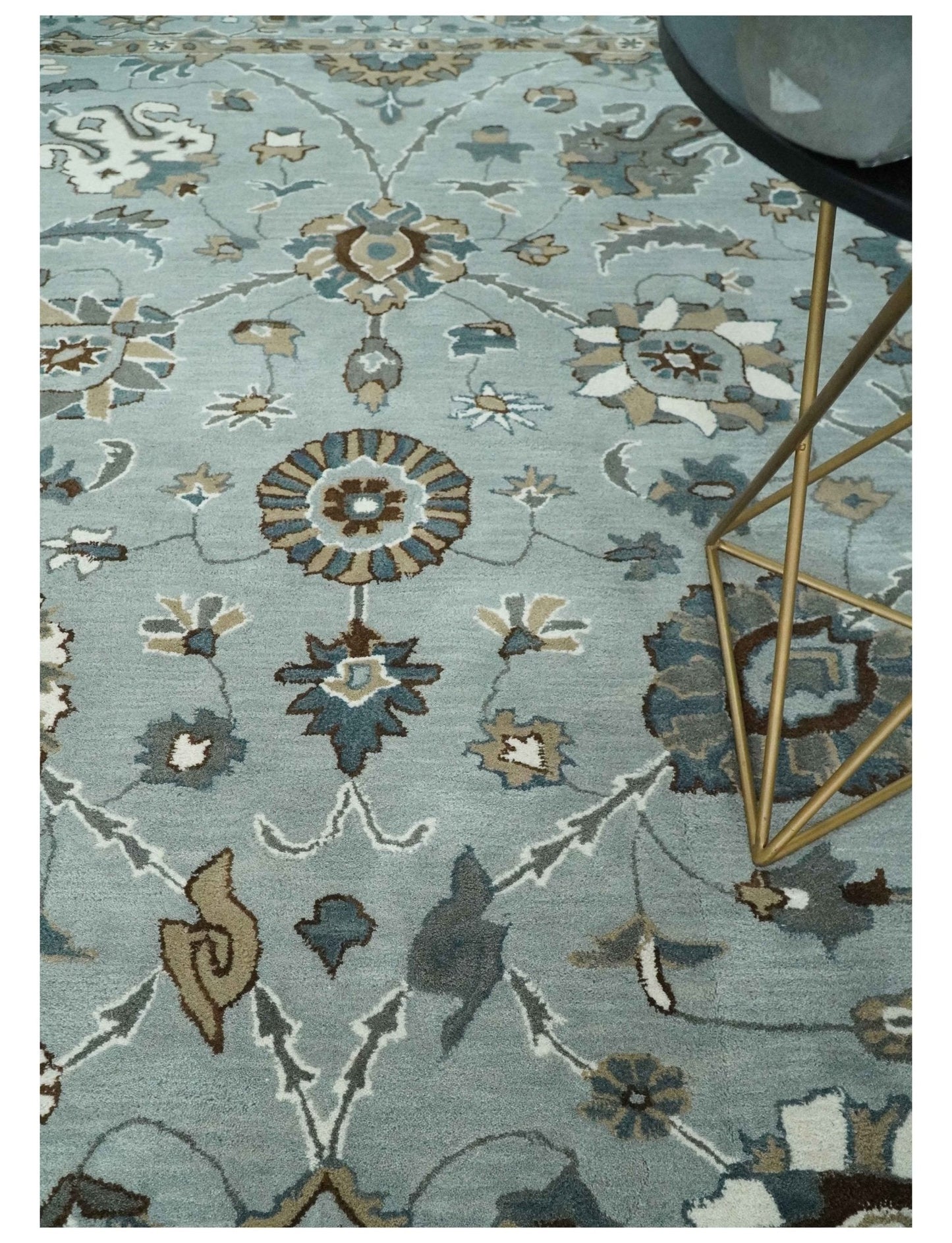 Light Blue, Beige and Gray Traditional Oriental Oushak Hand Tufted Custom Made wool Area Rug