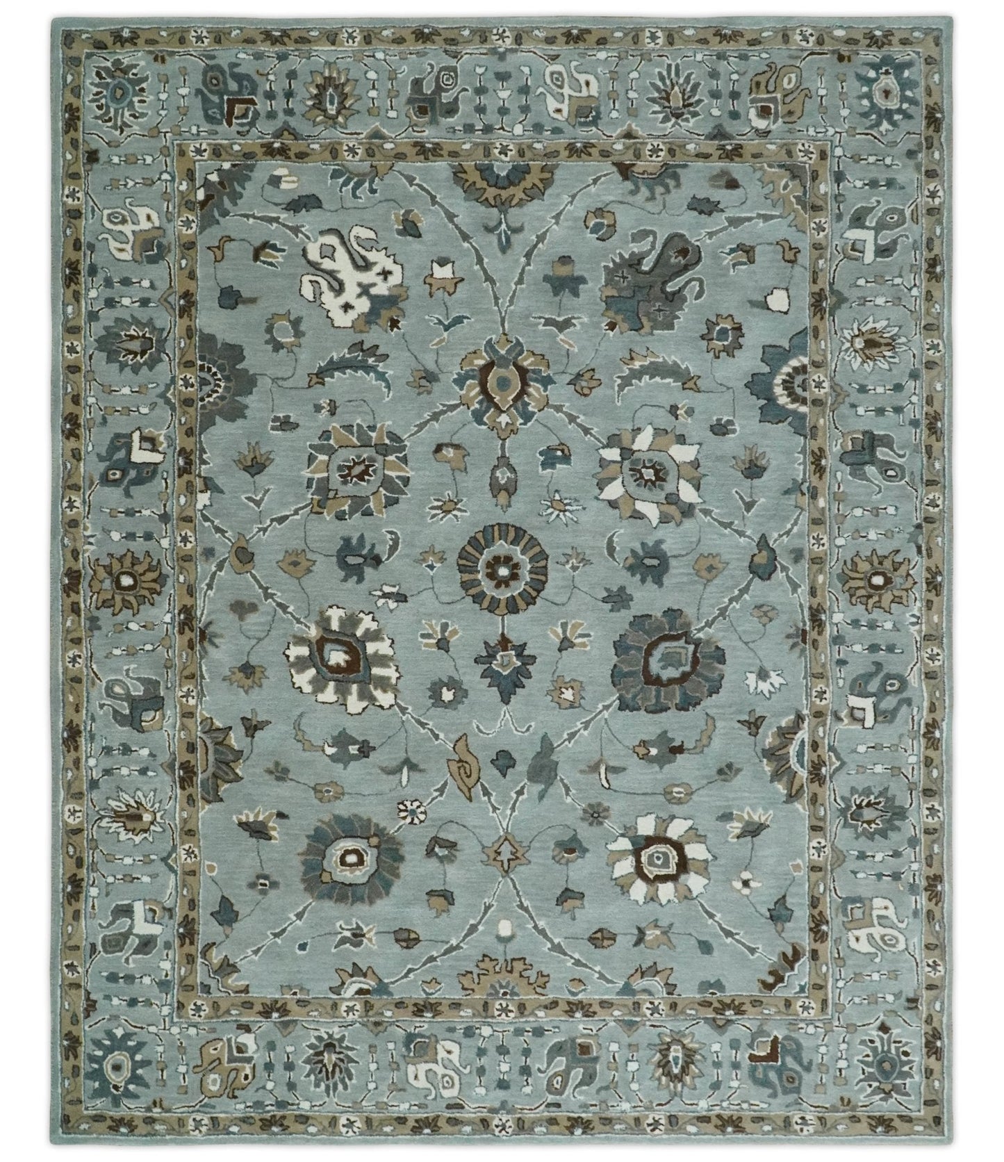 Light Blue, Beige and Gray Traditional Oriental Oushak Hand Tufted Custom Made wool Area Rug