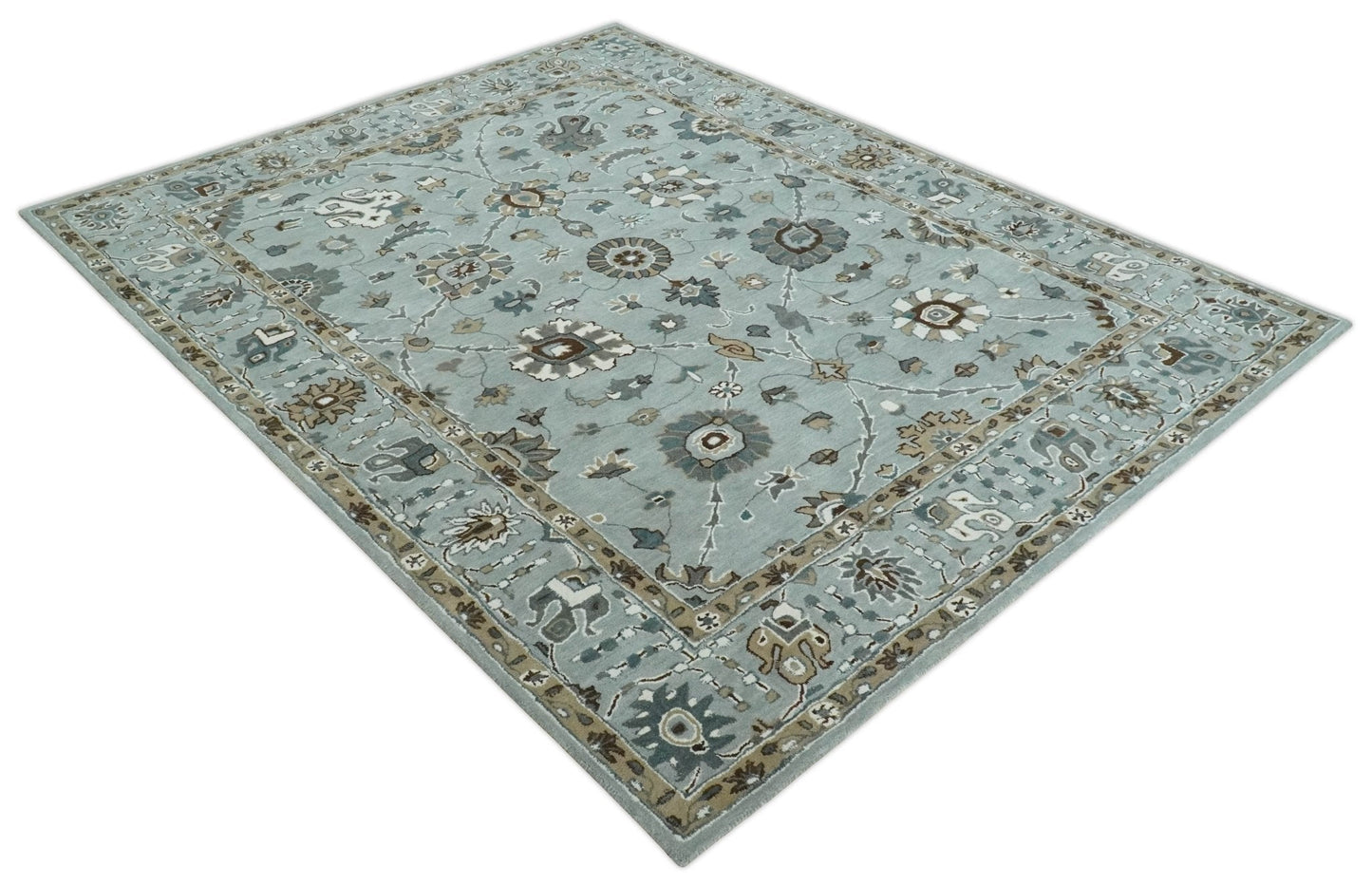 Light Blue, Beige and Gray Traditional Oriental Oushak Hand Tufted Custom Made wool Area Rug