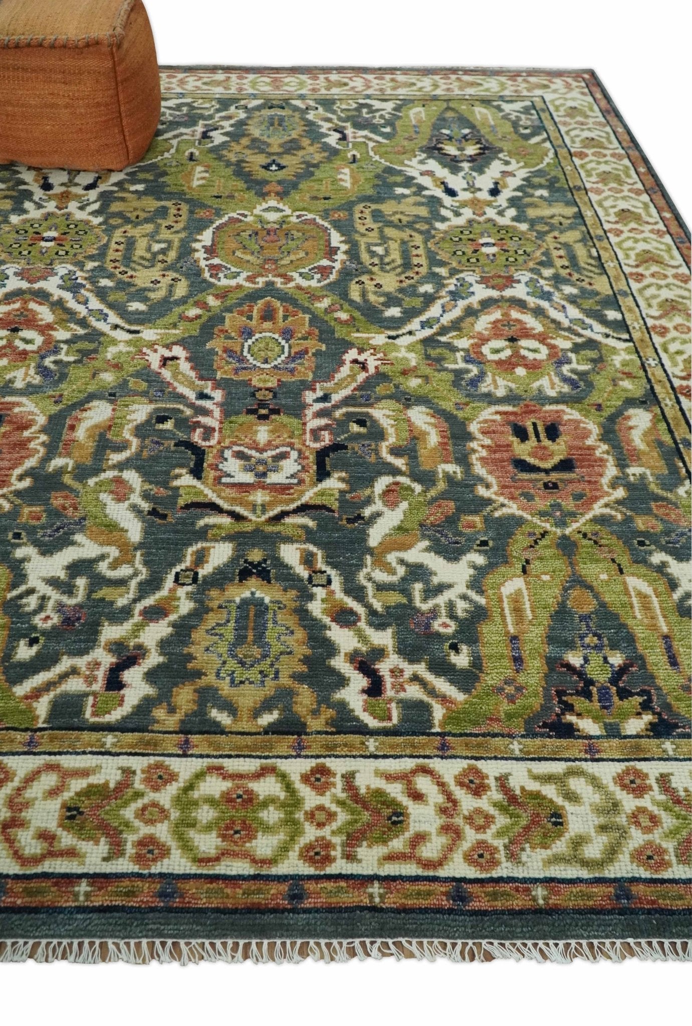 Antique look Hand knotted Green, Ivory and Gray Traditional Large design Multi Size wool Area Rug