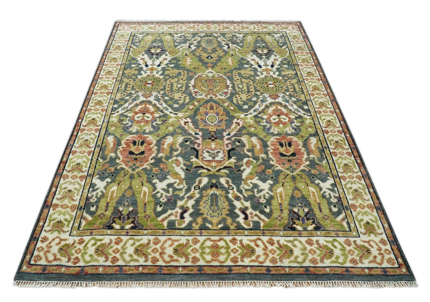 Antique look Hand knotted Green, Ivory and Gray Traditional Large design Multi Size wool Area Rug