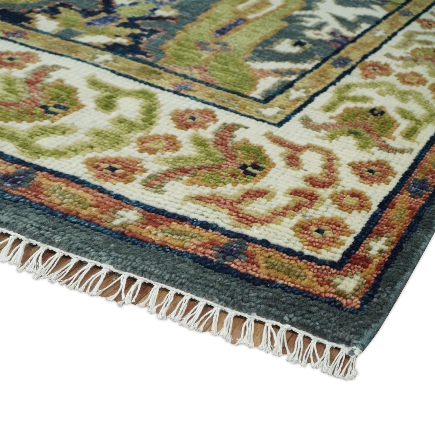 Antique look Hand knotted Green, Ivory and Gray Traditional Large design Multi Size wool Area Rug