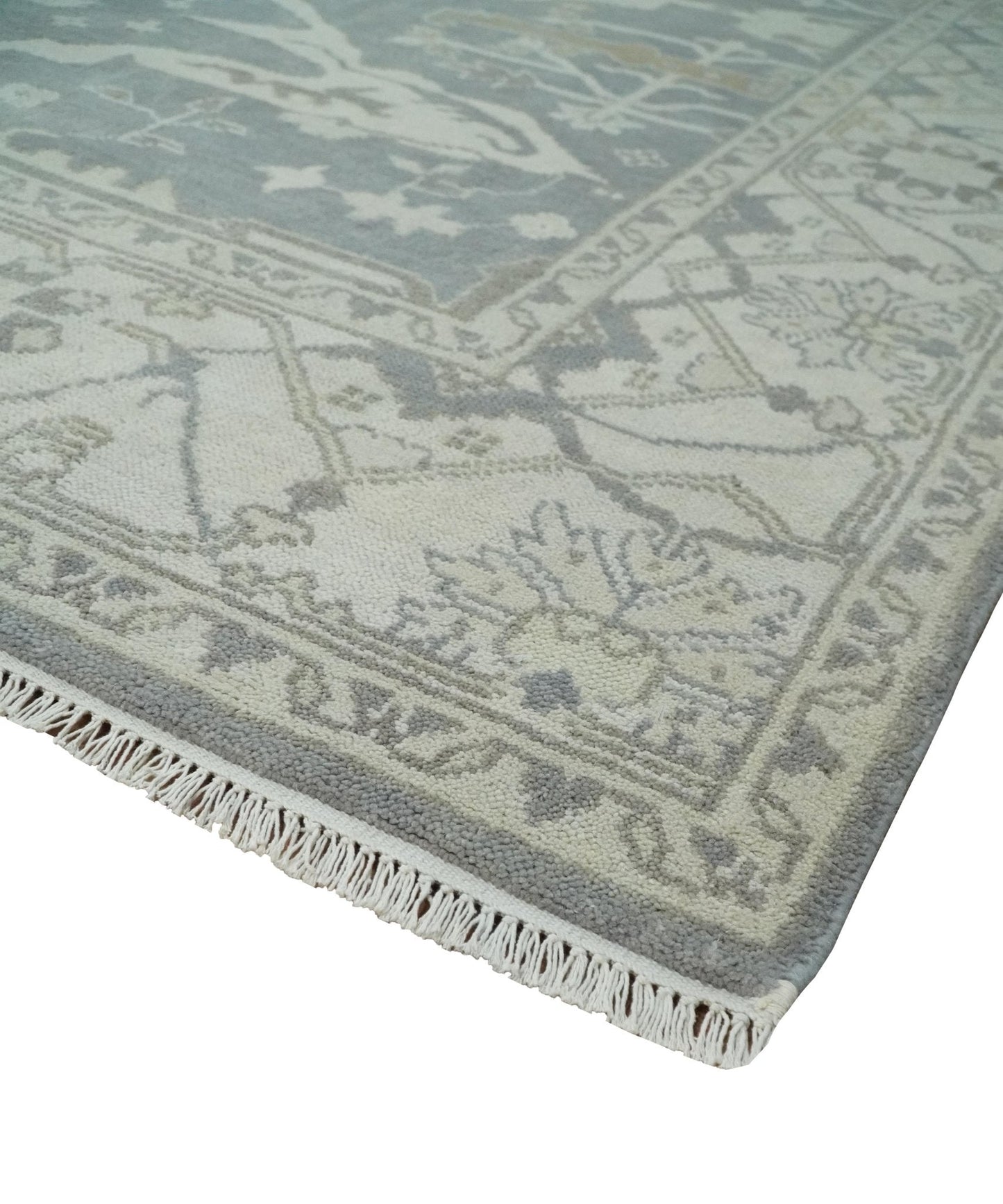 Antique Silver, Ivory and Beige Hand Knotted 8x10 Oriental Oushak Wool Area Rug, Living Room Rug | TRDCP1159810